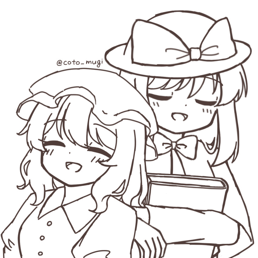 2girls, blush, book, bow, bowler_hat, bowtie, buttons, capelet