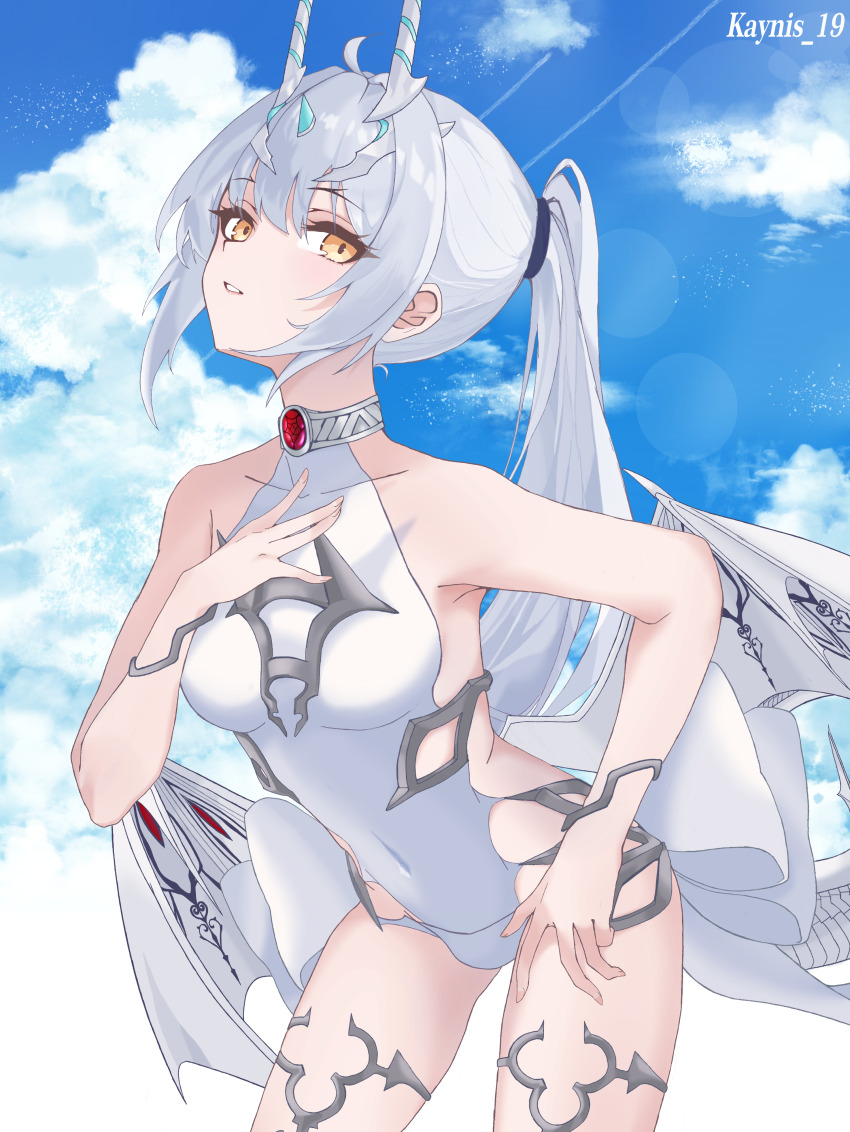 1girl, absurdres, bare_shoulders, blue_sky, bracelet, breasts, covered_navel, cowboy_shot