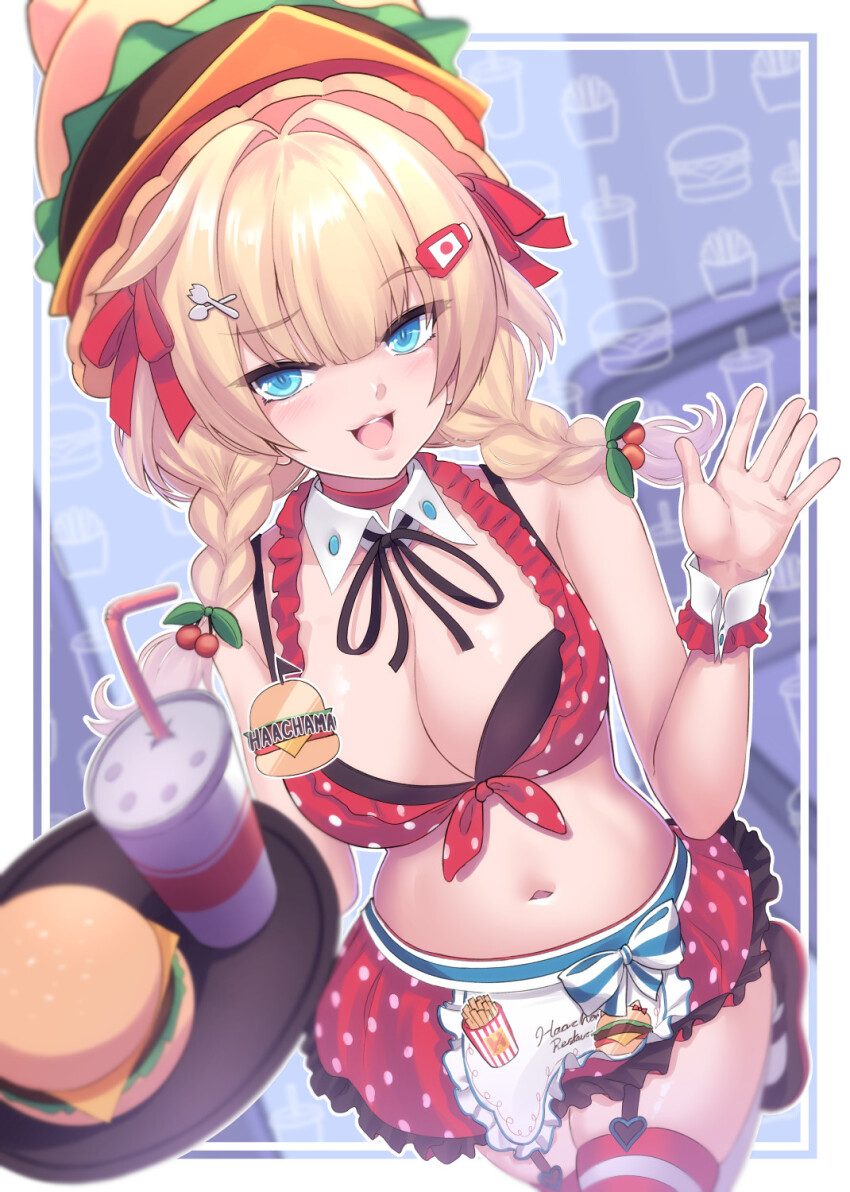 1girl, akai_haato, akai_haato_(waitress), apron, aqua_eyes, bikini, black_bikini, blonde_hair