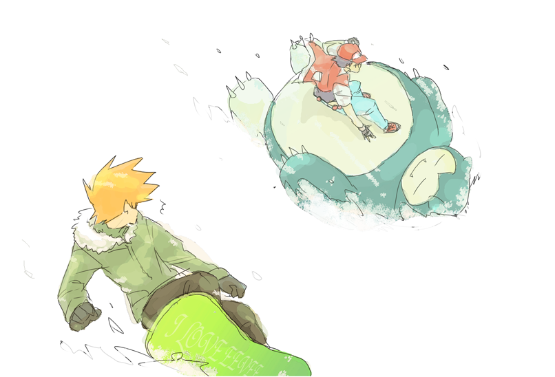 1990s_(style), 2boys, bad_id, bad_pixiv_id, baseball_cap, black_hair, blue_oak, brown_hair, coat, gen_1_pokemon, gloves, hat, kaibashira, multiple_boys, nintendo, poke_ball, pokemon, pokemon_(creature), pokemon_red/green/blue/yellow, red_(pokemon), retro_artstyle, riding, riding_pokemon, snorlax, snow, snowboard, surprised