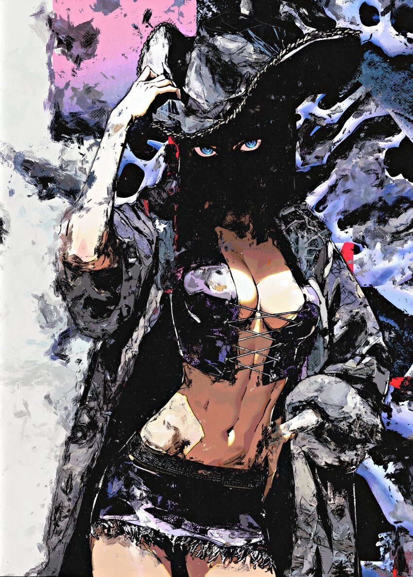 1girl, 2025, absurdres, arm_up, blue_eyes, breasts, coat, commission, covered_face, cowboy_hat, cowboy_shot, cross-laced_clothes, cross-laced_top, fur-trimmed_coat, fur_trim, hand_on_headwear, hand_on_own_hip, hat, highres, hitboxsamurai, linea_alba, looking_at_viewer, miniskirt, navel, nico_robin, nico_robin_(alabasta), no_bra, one_piece, open_clothes, open_coat, ringed_eyes, shaded_face, skirt, sleeveless, solo, stomach, white_background, white_hat