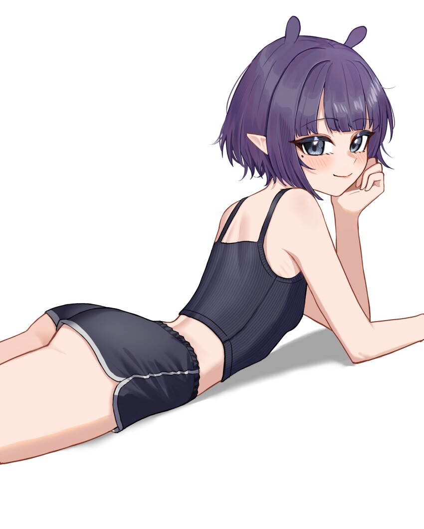 1girl, absurdres, ass, black_camisole, black_shorts, blue_eyes, breasts, camisole, chrispy_tuna, closed_mouth, dolphin_shorts, hand_on_own_chin, head_rest, highres, hololive, hololive_english, micro_shorts, mole, mole_under_eye, ninomae_ina'nis, pointy_ears, purple_hair, short_hair, shorts, simple_background, small_breasts, solo, virtual_youtuber, white_background