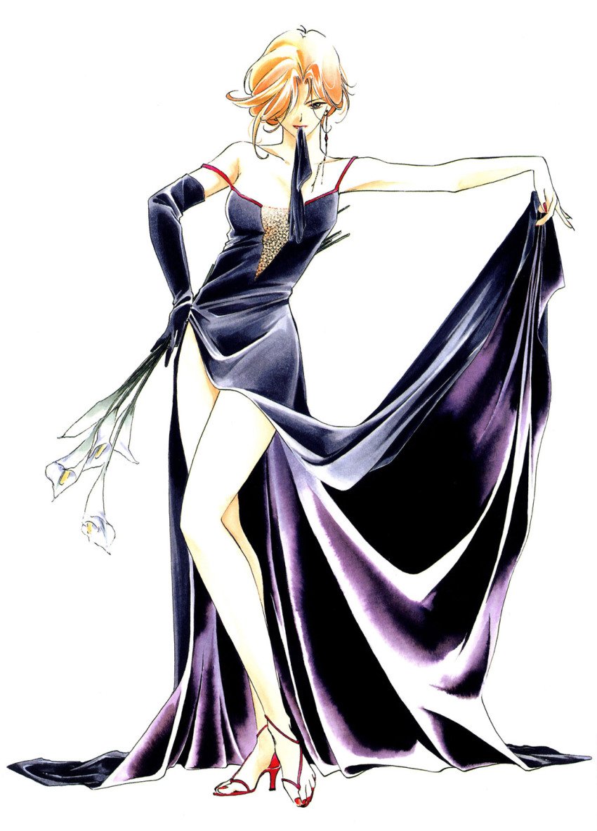 1girl, black_dress, black_gloves, bouquet, brown_eyes, dress, earrings, elbow_gloves