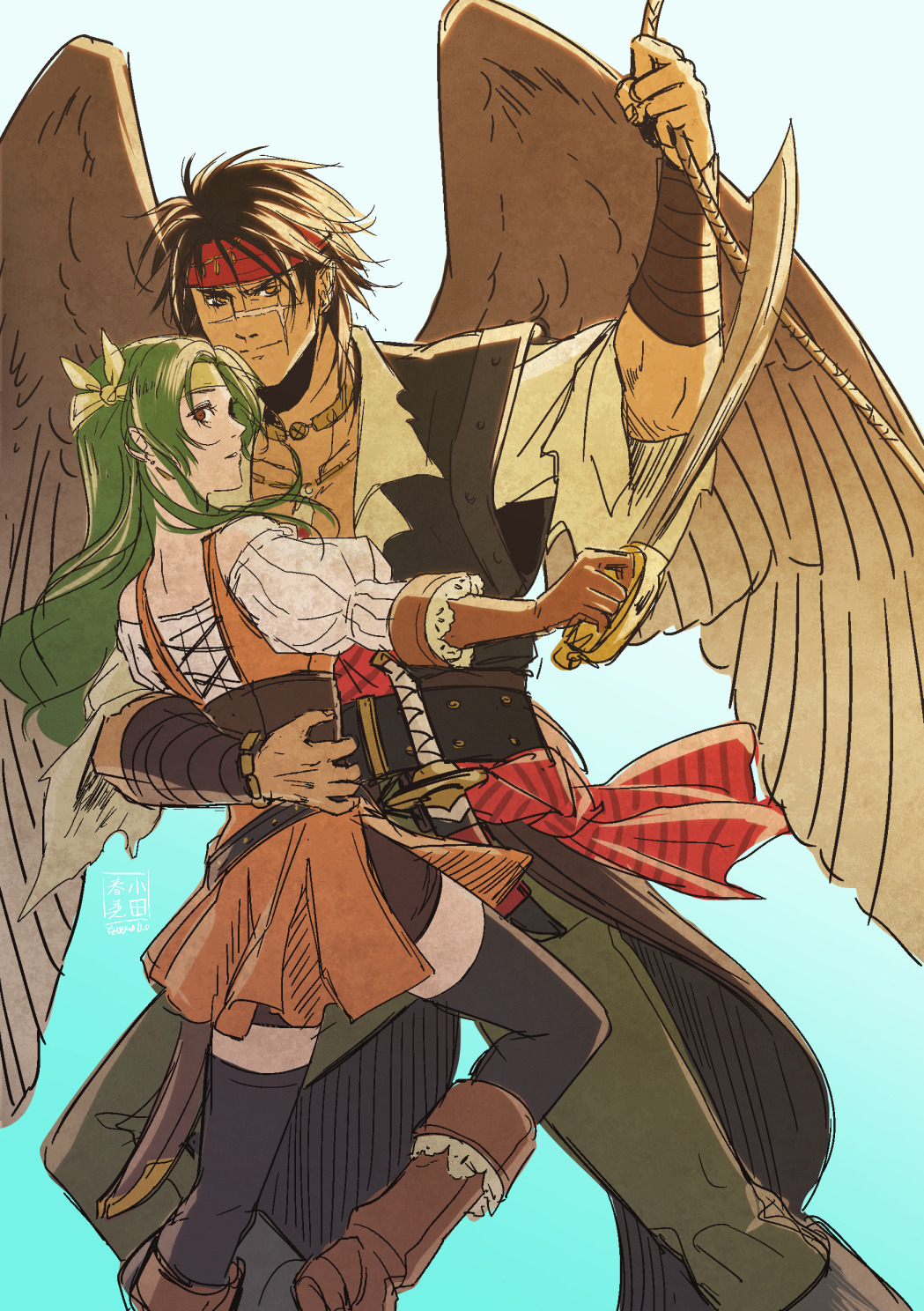 1boy, 1girl, bare_pectorals, brown_wings, couple, cross_scar, elincia_ridell_crimea, feather_necklace