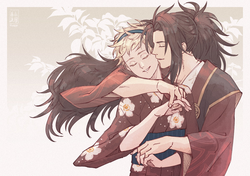 1boy, 1girl, blonde_hair, brown_hair, couple, fire_emblem, fire_emblem_fates, floral_print