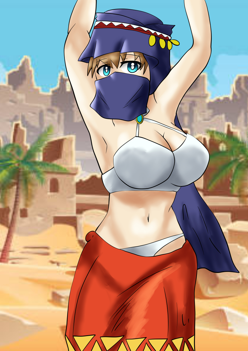 absurdres, alternate_costume, aqua_eyes, arms_up, bikini, breasts, brown_hair, desert_assassin_(grimms_notes)