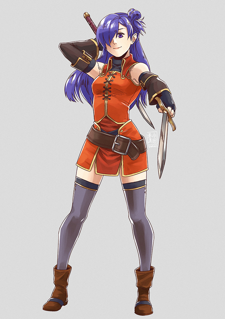1girl, bare_shoulders, boots, brown_boots, cosplay, female_shez_(fire_emblem), fingerless_gloves, fire_emblem