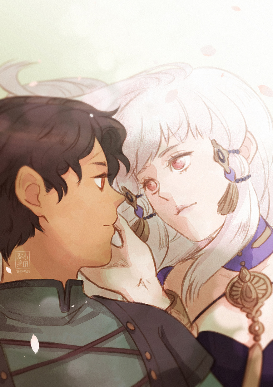 1boy, 1girl, closed_mouth, couple, cyril_(fire_emblem), cyril_(timeskip)_(fire_emblem), dark-skinned_male, dark_skin, fire_emblem, fire_emblem:_three_houses, hetero, highres, looking_at_another, lysithea_von_ordelia, lysithea_von_ordelia_(timeskip), nintendo, tsukkimin, white_hair