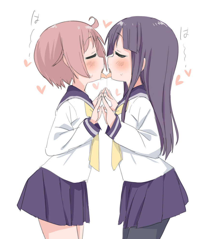 2girls, absurdres, ballpen1055039, blue_sailor_collar, blue_skirt, child, closed_eyes, cowlick, french_kiss, from_side, heart, highres, hinata_yukari, kiss, kodomo_doushi, long_hair, long_sleeves, multiple_girls, neckerchief, nonohara_yuzuko, pink_hair, pleated_skirt, profile, purple_hair, sailor_collar, saliva, school_uniform, serafuku, shirt, short_hair, simple_background, skirt, standing, tongue, tongue_out, white_background, white_shirt, yellow_neckerchief, yuri, yuyushiki, yuyushiki's_school_uniform