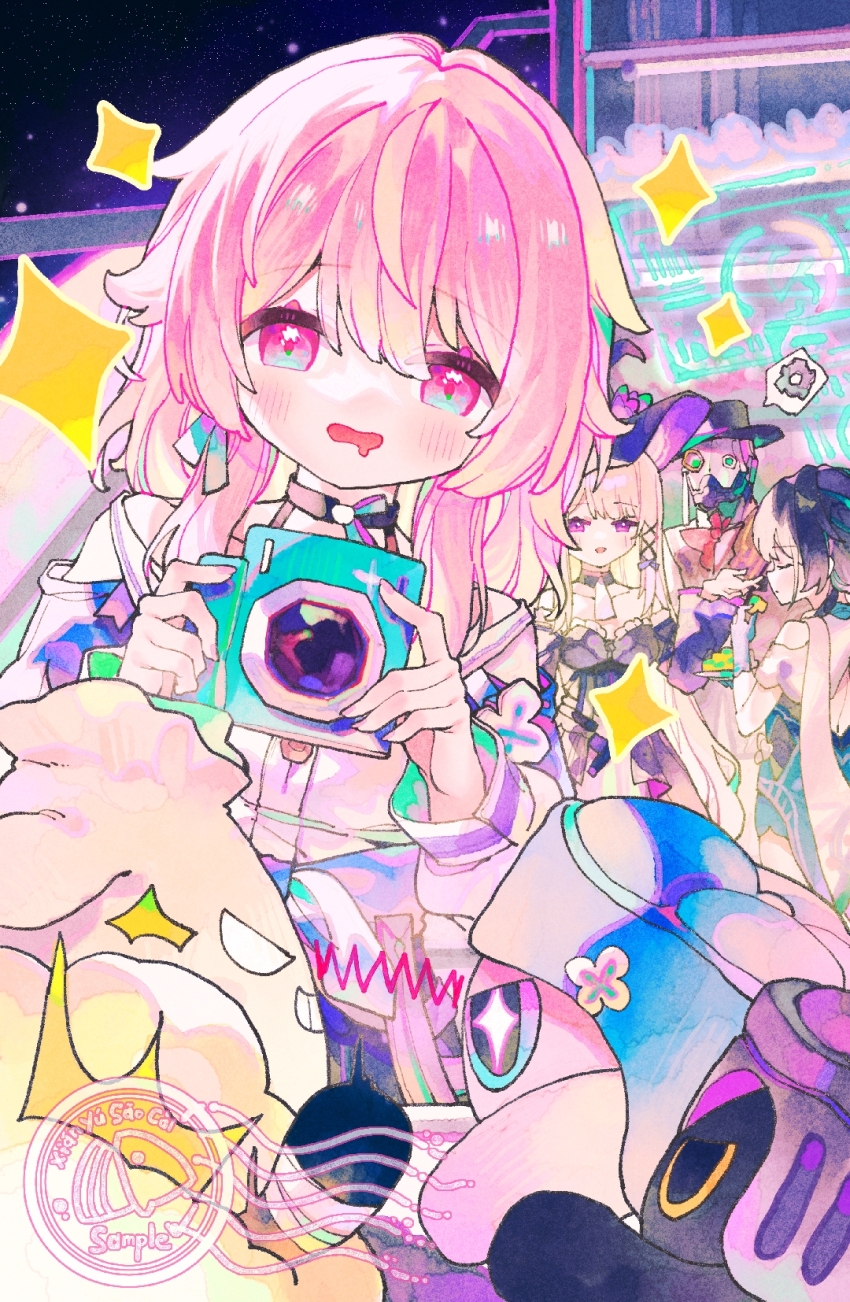 1boy, 3girls, artist_name, black_choker, blue_eyes, blue_jacket, bra_strap, buttons