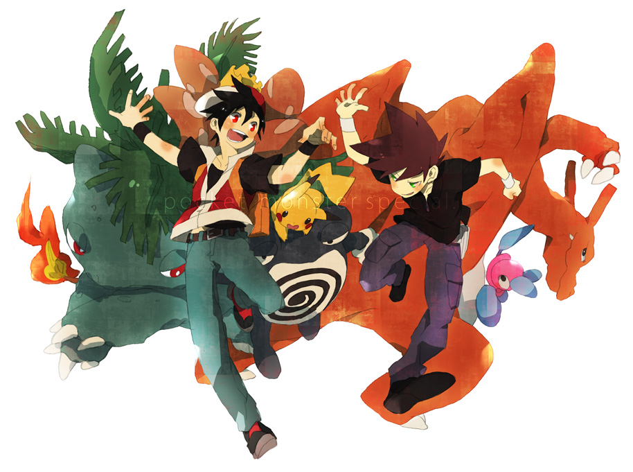 1990s_(style), 2boys, baseball_cap, blue_oak, charizard, dotabata, fire, flame-tipped_tail