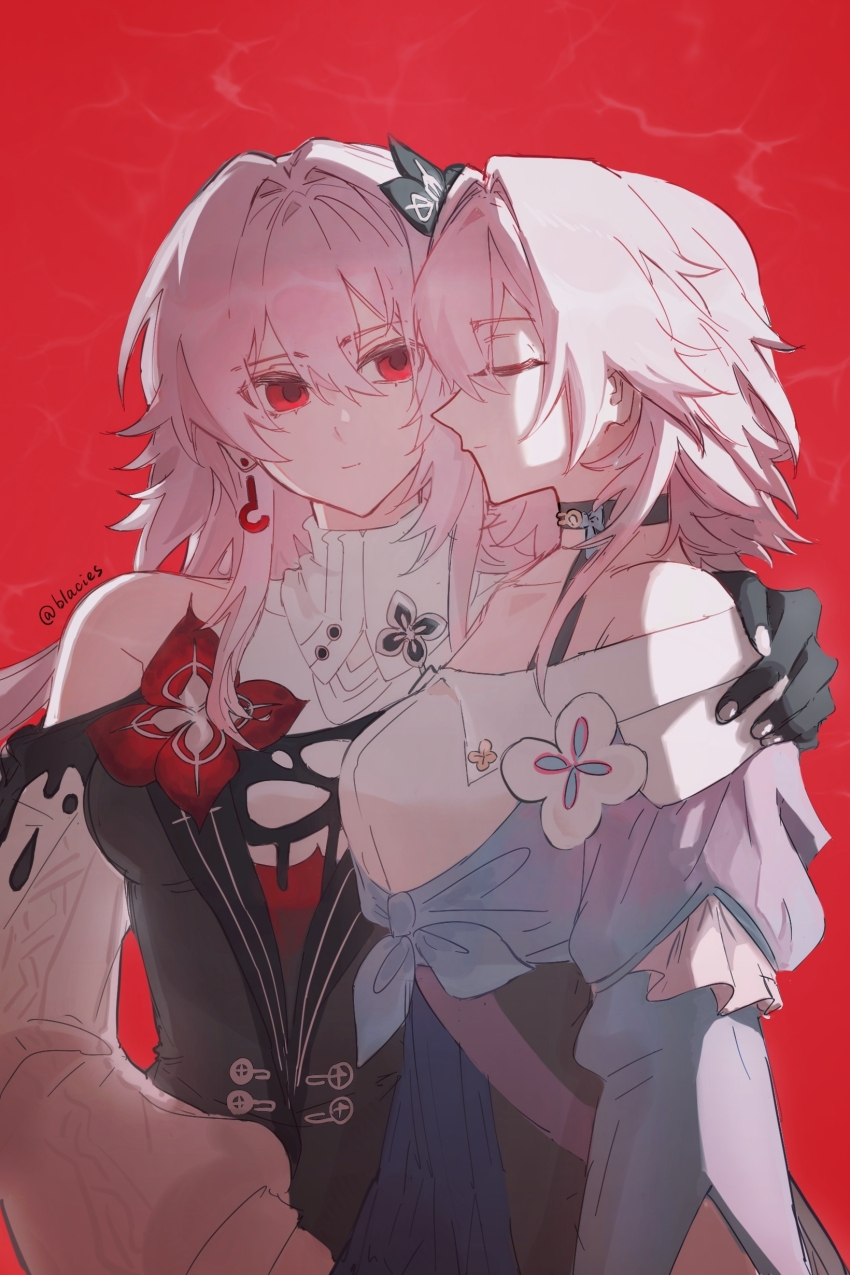 absurdres, blacies, buttons, choker, closed_eyes, collar, dual_persona, earrings