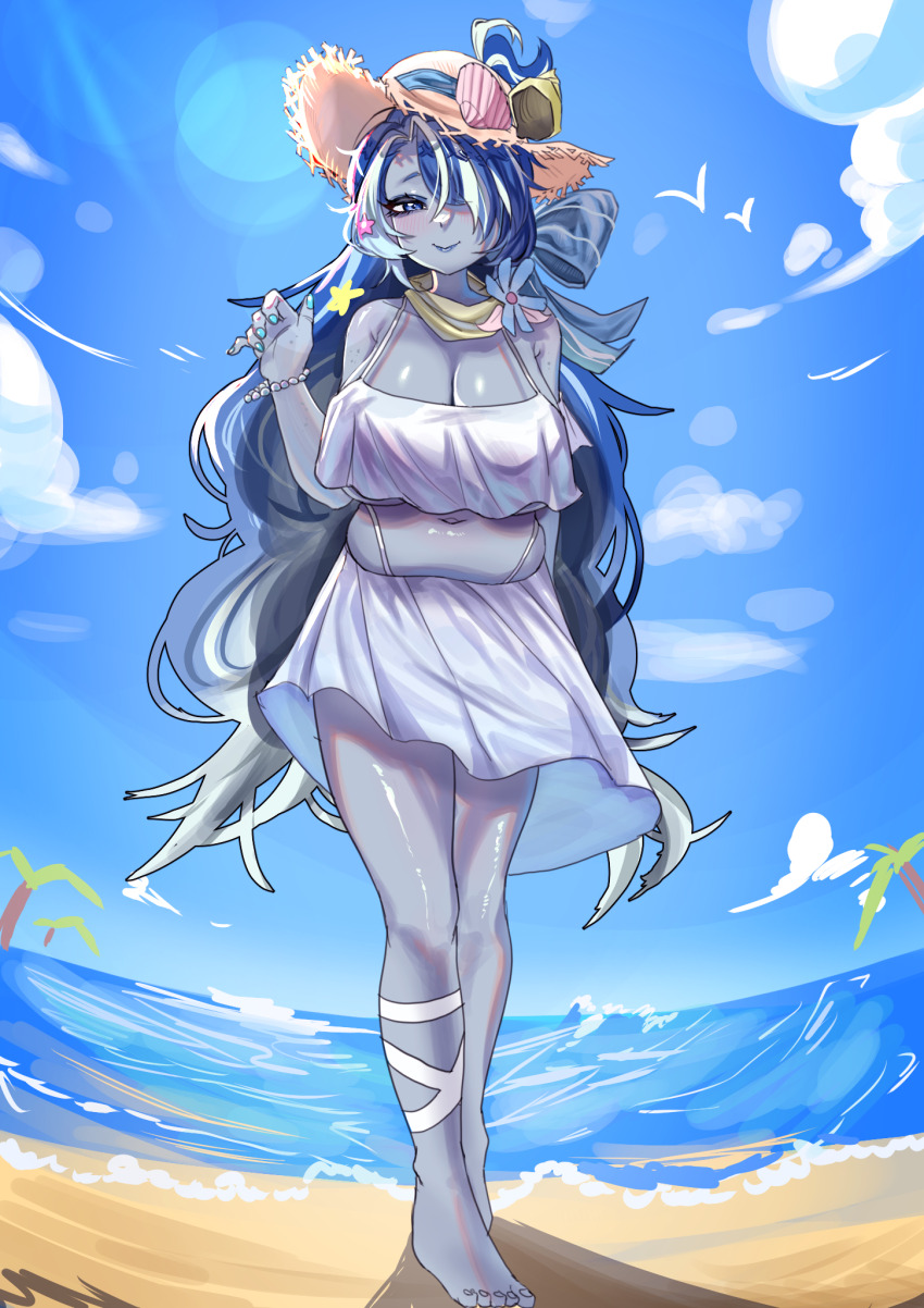 1girl, alternate_costume, aqua_sclera, asymmetrical_eyelashes, bikini, blue_eyes, blue_skin, blue_whale_cookie, breasts, colored_sclera, colored_skin, cookie_run, cookie_run:_ovenbreak, disguise, gutan_(gugangtan), heterochromia, highres, humanization, long_hair, looking_at_viewer, slit_pupils, smile, solo, swimsuit, very_long_hair, white_hair