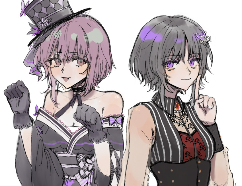 2girls, :3, amoris_(bang_dream!), bang_dream!, bang_dream!_it's_mygo!!!!!, bare_shoulders, black_dress, black_gloves, black_hair, black_hat, black_shirt, breasts, cleavage, closed_mouth, collared_shirt, cosplay, costume_switch, crossover, dress, gloves, hand_up, hands_up, hat, highres, housho_margo_(cosplay), housho_margo, index_finger_raised, long_sleeves, looking_at_viewer, ma_wo_zidong_fantan, magical_girl, mahou_shoujo_no_majo_saiban, medium_breasts, mini_hat, mini_top_hat, multiple_girls, open_mouth, paw_pose, purple_eyes, purple_hair, shirt, short_hair, simple_background, smile, top_hat, upper_body, white_background, yuutenji_nyamu, yuutenji_nyamu_(cosplay)