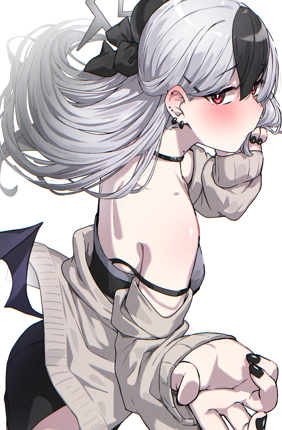 1girl, black_choker, black_dress, black_hair, black_horns, blue_archive, bow, choker