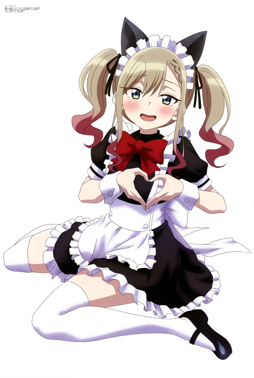 1girl, absurdres, alternate_costume, alternate_hairstyle, animal_ear_hairband, animal_ears, anime_coloring, apron, artist_name, bad_girl_(manga), black_dress, black_ribbon, black_shoes, blonde_hair, blue_eyes, blush, bow, bowtie, braid, colored_tips, company_name, copyright_name, copyright_notice, dress, enmaided, fake_animal_ears, frilled_apron, frills, hair_between_eyes, hair_ribbon, hairband, heart, heart_hands, highres, inuzuka_masahiko, long_hair, looking_at_viewer, magazine_scan, maid, maid_apron, maid_headdress, mary_janes, megami_magazine, multicolored_hair, official_art, open_mouth, puffy_short_sleeves, puffy_sleeves, red_bow, red_bowtie, ribbon, scan, shoes, short_sleeves, sidelocks, simple_background, sitting, smile, solo, suzukaze_suzu, thighhighs, third-party_source, twintails, waist_apron, wariza, white_apron, white_background, white_thighhighs, white_wrist_cuffs, wrist_cuffs, zettai_ryouiki