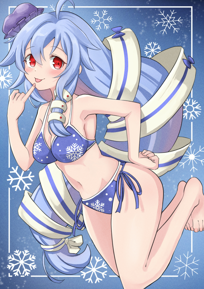 1girl, absurdres, ahoge, barefoot, bikini, blue_background, blue_bikini, blue_hair