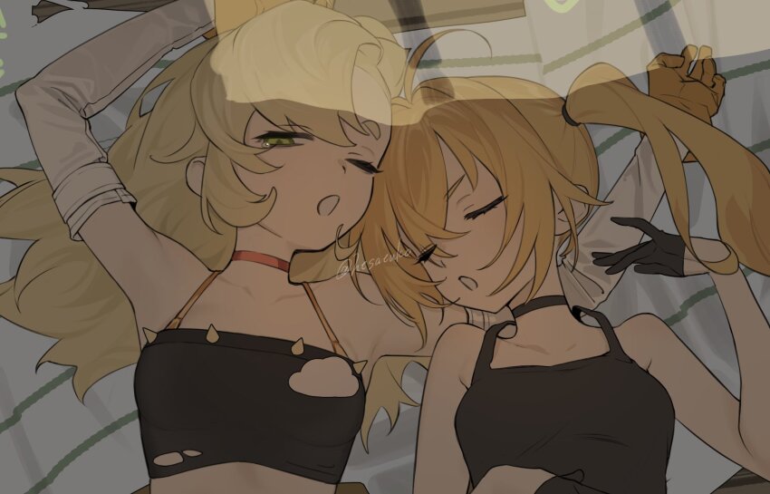 2girls, ahoge, armpit_focus, armpits, artist_name, bare_shoulders, black_choker, black_tank_top, blonde_hair, breasts, choker, closed_eyes, collarbone, detached_sleeves, gloves, green_eyes, half_gloves, highres, long_hair, luciana_de_montefio, lying, multiple_girls, on_back, one_eye_closed, open_mouth, piper_wheel, sa_tsuko, shirt, side_ponytail, sleeping, sleepy, small_breasts, tank_top, tearing_up, torn_clothes, torn_shirt, twitter_username, yellow_gloves, zenless_zone_zero
