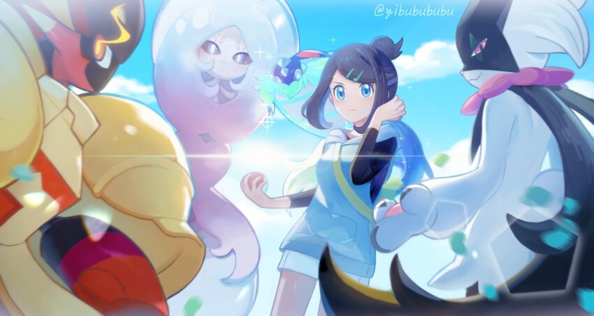 1girl, armarouge, black_hair, blue_eyes, blue_hair, blue_sky, breasts, cowboy_shot, gen_8_pokemon, group_picture, hatterene, highres, hood, hood_down, hoodie, liko_(pokemon), meowscarada, multicolored_hair, nintendo, pokemon, pokemon_(anime), pokemon_(creature), pokemon_horizons, purple_eyes, shorts, sky, terapagos, terapagos_(terastal), twitter_username, two-tone_hair, white_shorts, yibuzhai