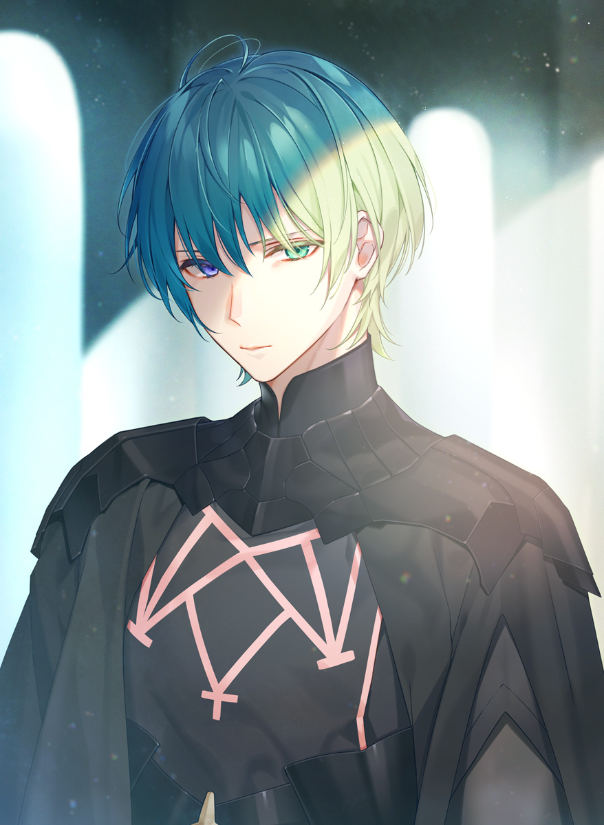 1boy, armor, black_armor, black_cape, blue_eyes, blue_hair, cape, cocosuke