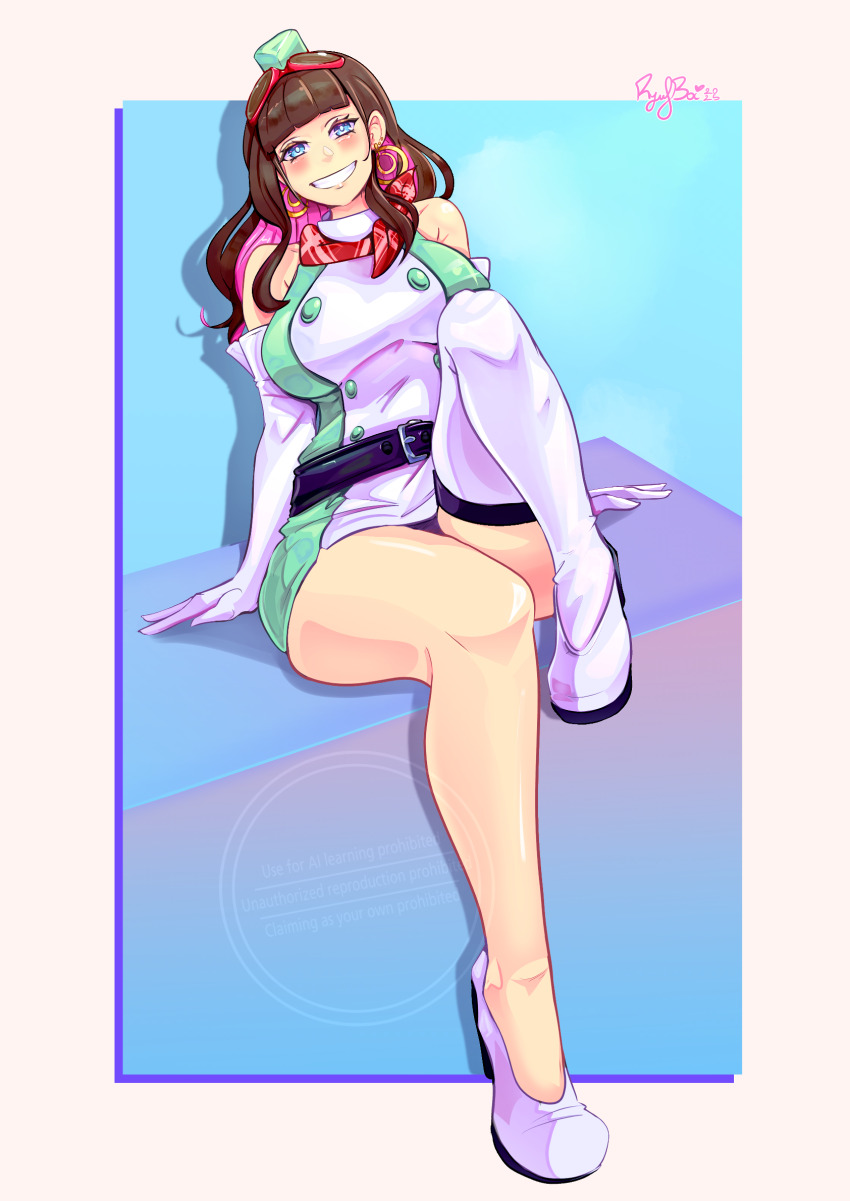 1girl, artist_name, belt, blue_background, blue_eyes, blush, border, breasts