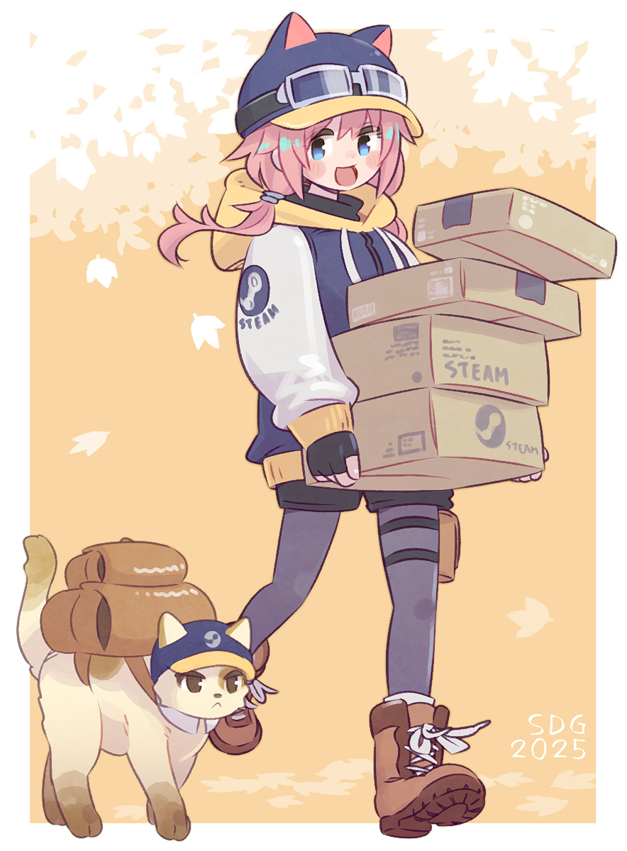 1girl, :d, animal, animal_hat, black_gloves, black_pantyhose, black_shorts, blue_eyes