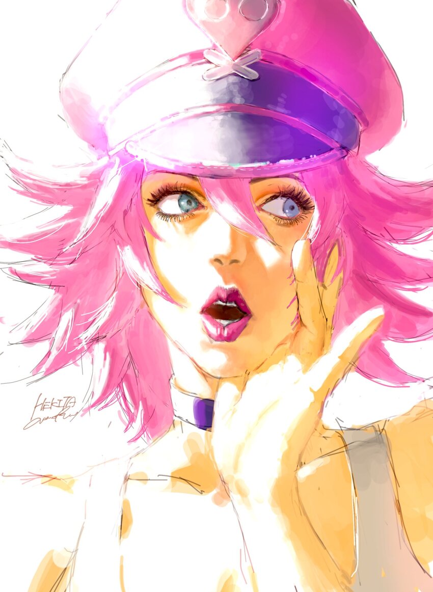 1girl, bare_shoulders, blue_eyes, choker, eyelashes, flipped_hair, gomoku_0318, hair_up, hand_on_own_cheek, hand_on_own_face, hand_up, hat, highres, jaggy_lines, lips, lipstick, looking_to_the_side, makeup, open_mouth, peaked_cap, pink_hair, pink_hat, pink_lips, poison_(final_fight), portrait, purple_choker, sketch, solo, spiked_hair, street_fighter, street_fighter_v, tank_top, white_background, white_tank_top