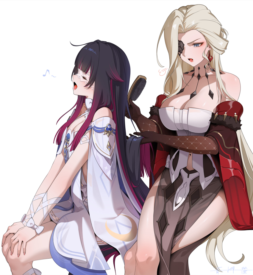 2girls, ahoge, bare_shoulders, black_hair, black_mask, blonde_hair, blue_eyes, blunt_bangs