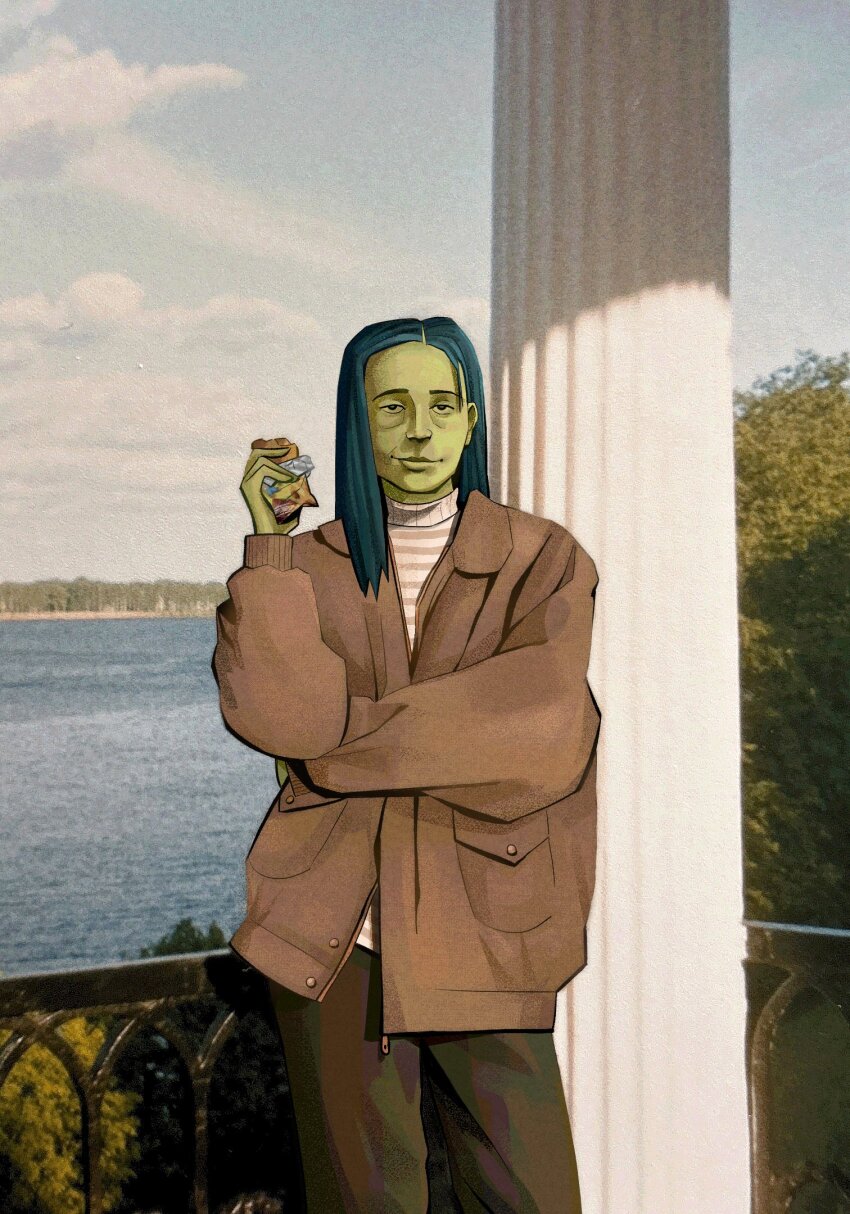 1girl, arm_up, black_eyes, blue_hair, brown_jacket, colored_skin, cowboy_shot, food, highres, holding, holding_food, jacket, light_smile, long_hair, looking_at_viewer, no_i'm_not_a_human, outdoors, photo_background, sharkker-dude, solo, sweater, turtleneck, turtleneck_sweater, water, widowed_woman_(no_i'm_not_a_human), yellow_skin