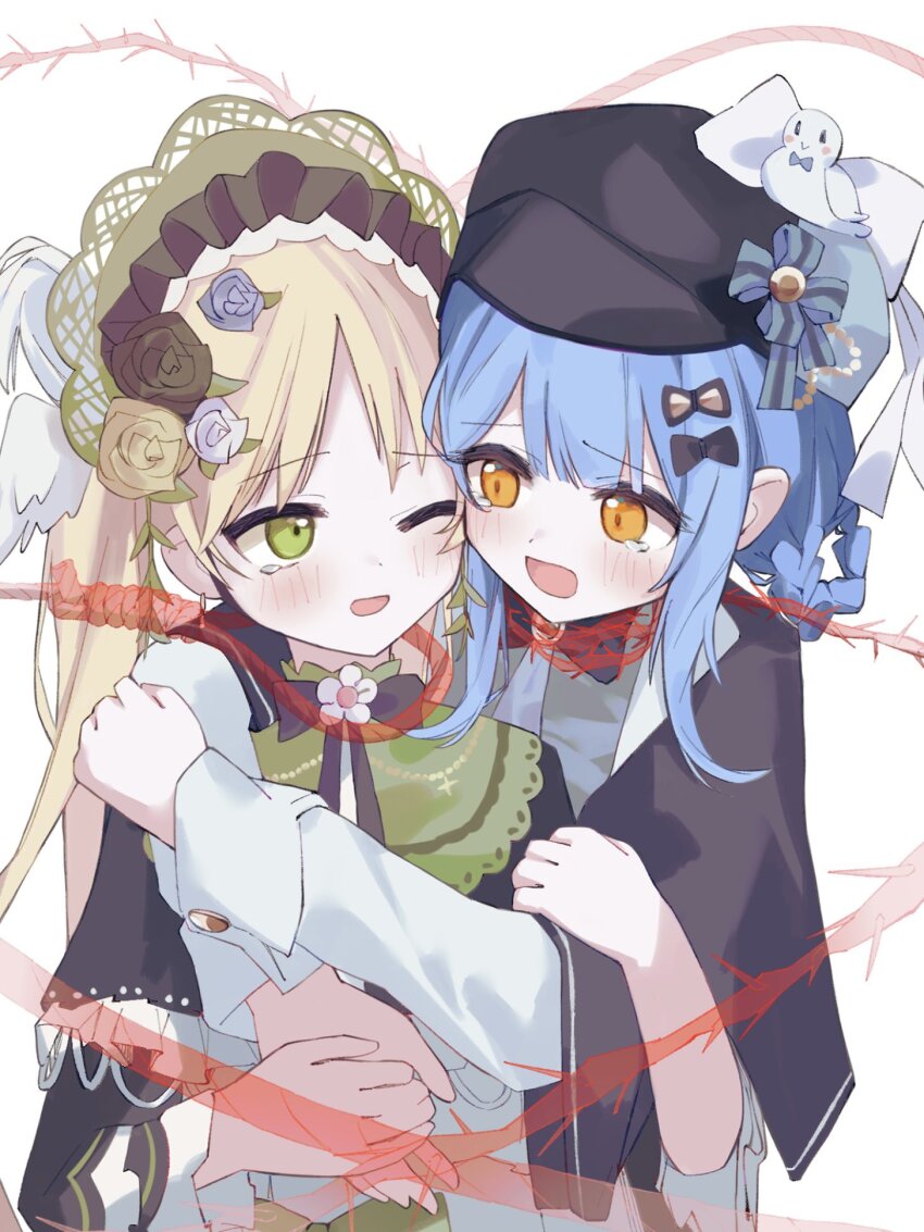 2girls, bird_hat_ornament, black_capelet, black_flower, black_hat, black_rose, blonde_hair, blue_hair