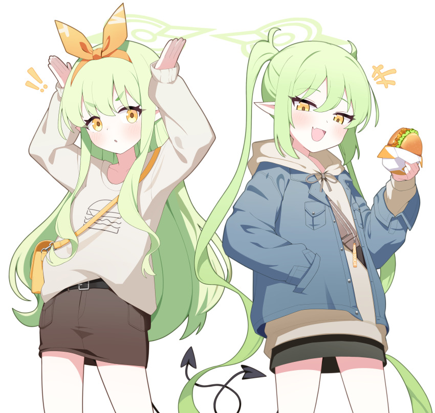 !, !!, absurdres, black_skirt, blue_archive, burger, commentary_request, demon_tail