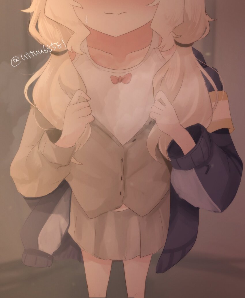 1girl, aoba_(blue_archive), artist_name, blonde_hair, blue_archive, blue_jacket, bow_camisole, brown_shirt, brown_skirt, camisole, closed_mouth, commentary_request, flat_chest, head_out_of_frame, highres, jacket, long_sleeves, miniskirt, puffy_long_sleeves, puffy_sleeves, shirt, skirt, solo, twintails, twitter_username, uttsu_(yumaviviane), white_camisole