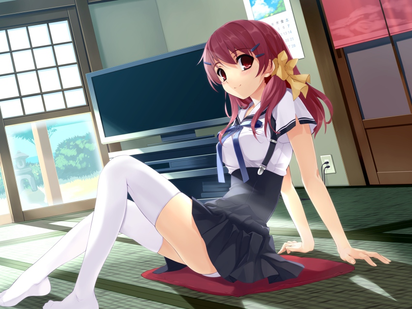 1girl, ashita_no_kimi_to_au_tame_ni, clear_blue_communications, feet, female_focus, hair_ornament, hair_ribbon, hairclip, highres, leaning_back, legs, long_hair, long_legs, looking_at_viewer, misaki_kurehito, panties, pantyshot, pillow, pleated_skirt, red_eyes, red_hair, ribbon, school_uniform, sitting, skirt, smile, solo, television, thighhighs, tree, underwear, upskirt, wakamiya_asuka, white_panties, white_thighhighs, zettai_ryouiki