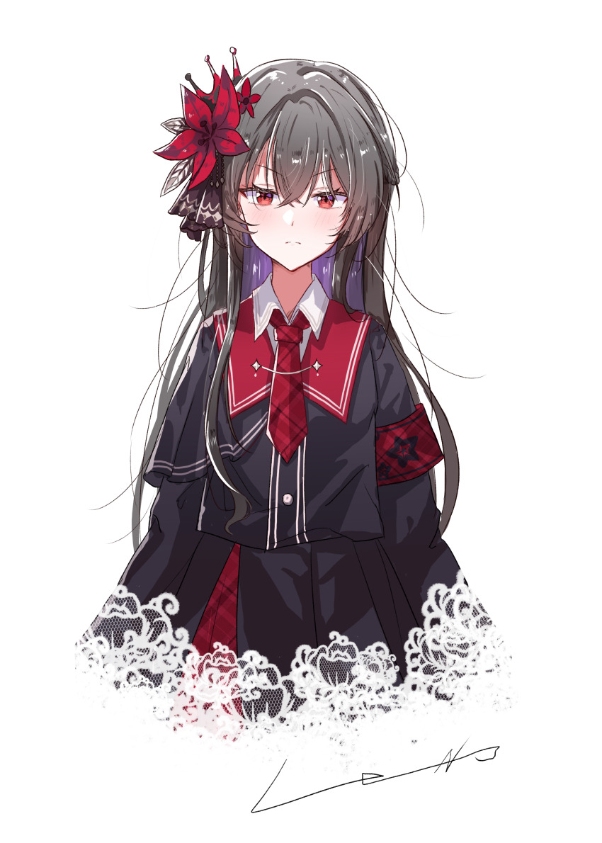 1girl, absurdres, armband, black_capelet, black_hair, black_shirt, black_skirt, capelet