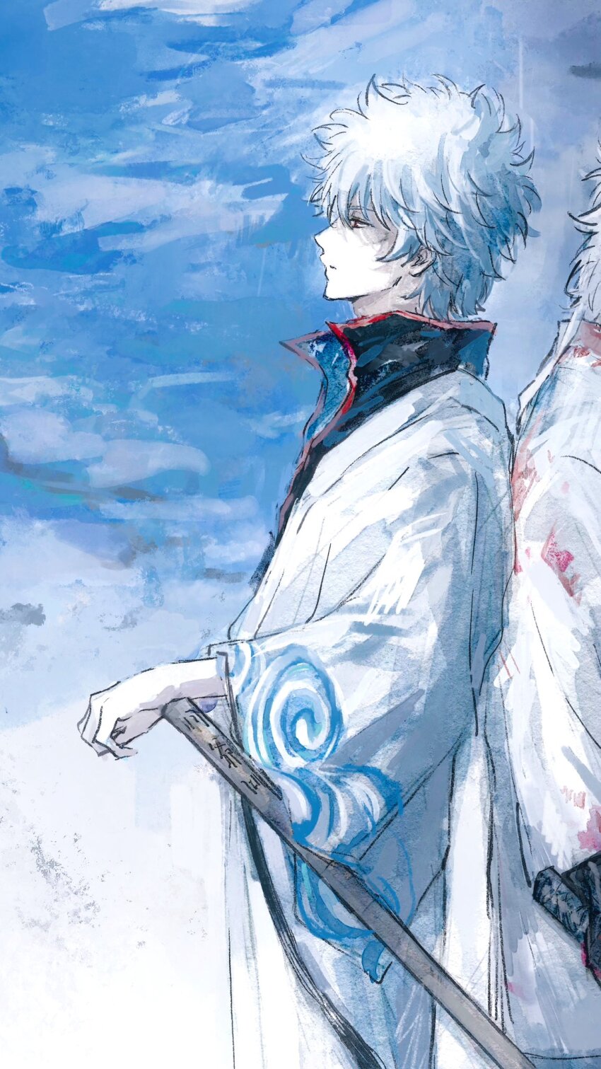 1boy, back-to-back, black_shirt, blood, blood_on_clothes, bokken, closed_mouth, cloud