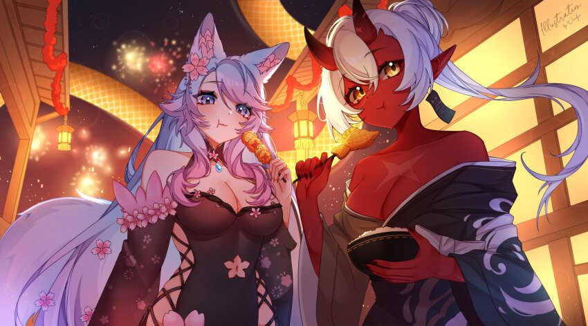 absurdres, akumi_(yoclesh), animal_ear_fluff, animal_ears, black_kimono, black_sleeves, blue_eyes, blue_hair, blue_tail, breasts, cherry_blossom_print, cherry_blossoms, cleavage, clothing_cutout, colored_skin, detached_sleeves, festival, floral_print, highres, hip_vent, horns, indie_virtual_youtuber, japanese_clothes, kimono, large_breasts, long_hair, looking_at_viewer, navel_cutout, off_shoulder, oni, pink_hair, pointy_ears, red_horns, red_oni, red_skin, scar, scar_on_arm, scar_on_chest, scar_on_face, silvervale, silvervale_(sakura_goddess), tail, virtual_youtuber, white_hair, wolf_ears, wolf_girl, wolf_tail, woudpe, yellow_eyes