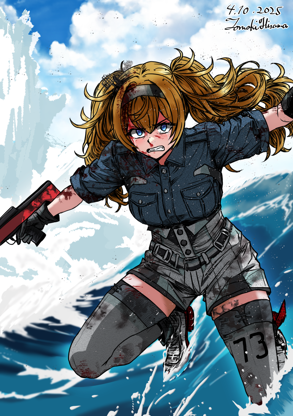 1girl, blonde_hair, blood, blood_on_clothes, blood_on_face, blue_eyes, blue_shirt, breast_pocket