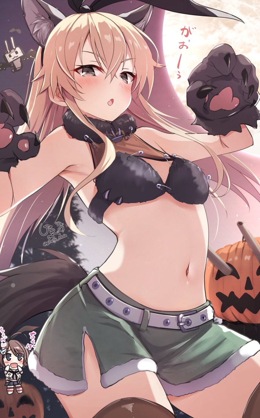 1girl, :o, animal_ears, animal_hands, black_hairband, black_ribbon, blonde_hair, blue_eyes, blush, breasts, chougei_(halloween)_(kancolle), chougei_(kancolle), chougei_(kancolle)_(cosplay), commentary_request, cosplay, crop_top, fang, from_below, full_body, giraffe_(ilconte), gloves, green_skirt, hair_between_eyes, hair_ribbon, hairband, halloween_costume, hands_up, highres, kantai_collection, long_hair, looking_at_viewer, looking_down, miniskirt, navel, night, outdoors, paw_gloves, rabbit_ears, revealing_clothes, ribbon, shimakaze_(kancolle), skirt, sky, small_breasts, solo, standing, stomach, tail, thighs, translation_request, very_long_hair