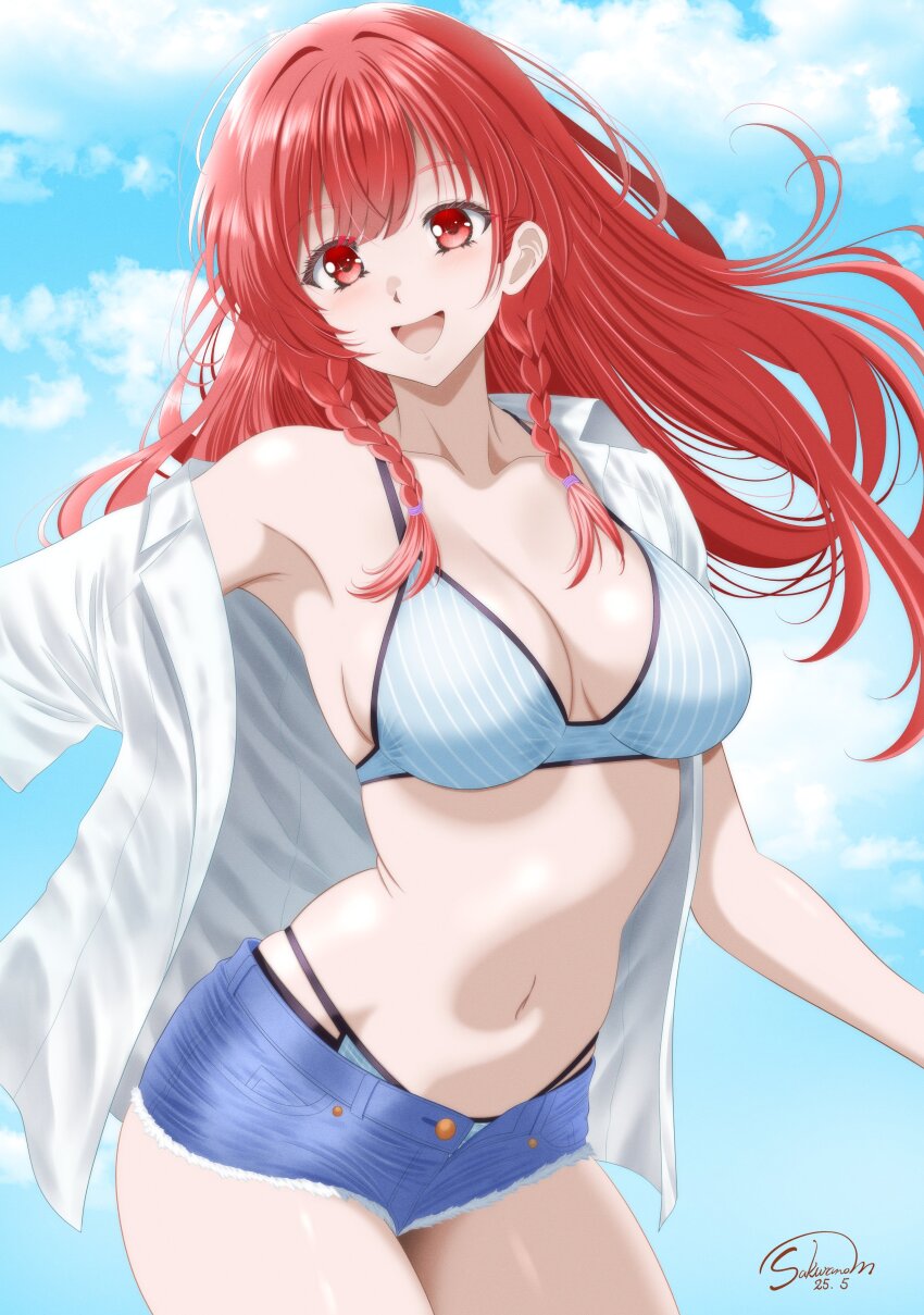 1girl, absurdres, bikini, bikini_under_clothes, blue_bikini, blue_shorts, blue_sky, braid