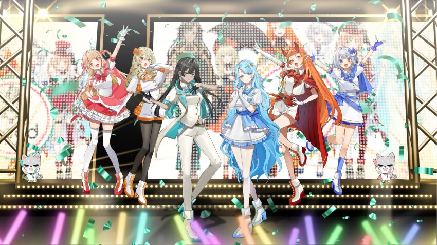 >_<, 6+girls, :d, absurdres, adria_anthelia, alternate_costume, anu_ochre, aqua_hair, black_gloves, black_hair, black_pantyhose, blonde_hair, blue_eyes, blue_gloves, blue_hair, blunt_bangs, bond_en, bondlive, bow, breasts, brown_eyes, cape, closed_mouth, coat, coattails, collared_shirt, colored_inner_hair, commentary, demon_horns, dress, drill_hair, emilie_elysee_millford, english_commentary, frilled_dress, frills, gloves, glowstick, green_shoes, hair_bow, hair_intakes, hair_ribbon, heterochromia, highres, holding, holding_glowstick, horns, long_hair, multi-tied_hair, multicolored_hair, multicolored_shoes, multiple_girls, official_art, okonomi_aki, one-chi, open_mouth, orange_bow, orange_eyes, orange_hair, orange_shoes, pants, pantyhose, penlight_(glowstick), puffy_short_sleeves, puffy_sleeves, red_cape, red_eyes, red_hair, red_ribbon, red_shoes, ribbon, second-party_source, shirt, shoes, short_sleeves, shorts, skirt, smile, sometsuke_mezzo, stage, streaked_hair, streamers, tailcoat, thighhighs, tongue, two-tone_hair, two-tone_shoes, very_long_hair, virtual_youtuber, vylia_jester, white_coat, white_gloves, white_hair, white_pants, white_pantyhose, white_shoes, white_shorts, white_skirt, white_thighhighs
