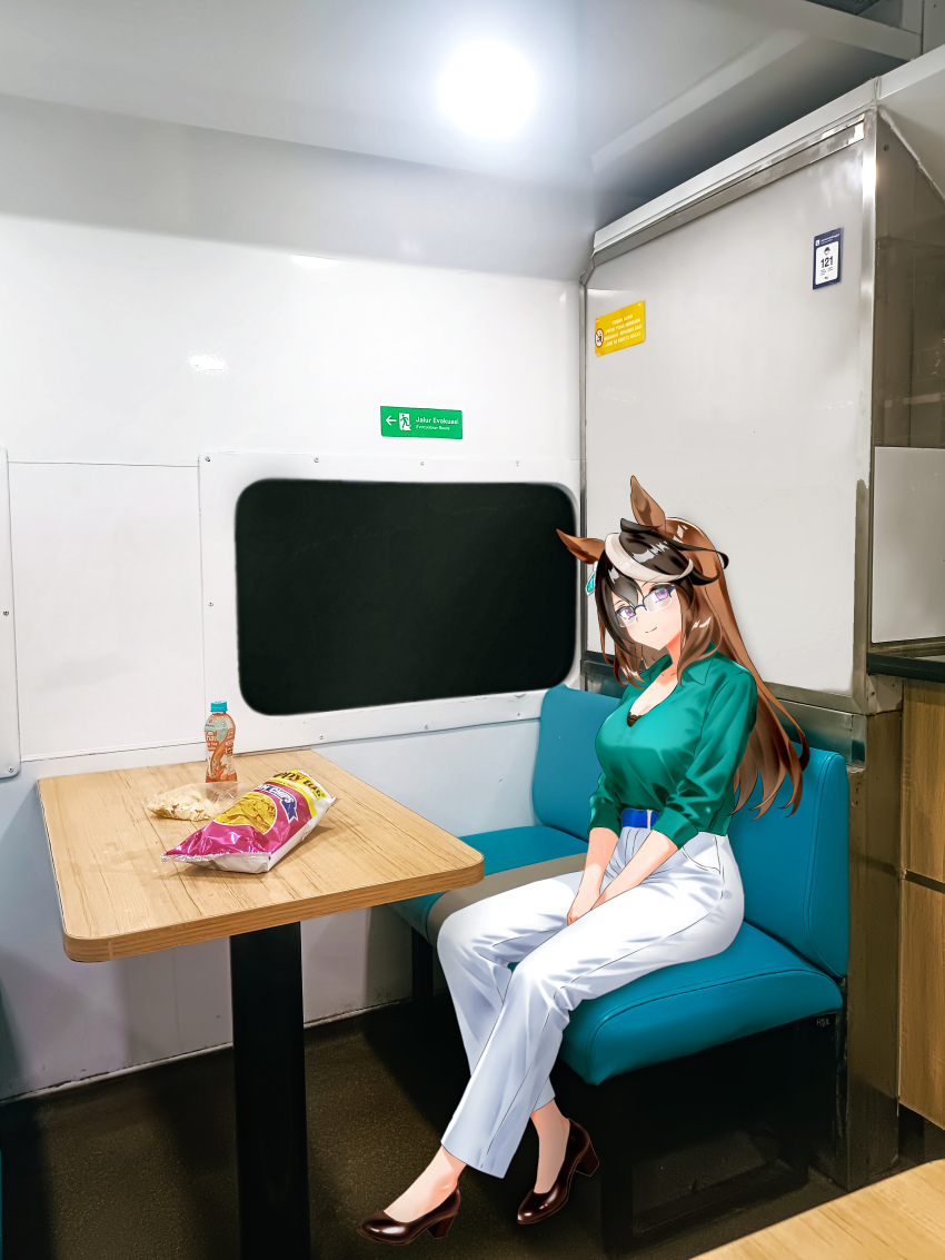 1girl, absurdres, animal_ears, blush, brown_hair, brown_shoes, closed_mouth, glasses