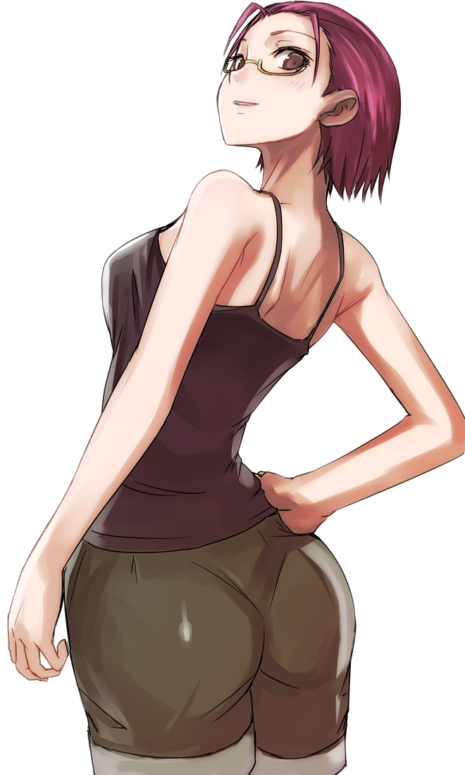 1girl, ass, bad_id, bad_pixiv_id, bare_shoulders, brown_eyes, female_focus, from_behind, glasses, hand_on_own_hip, hip_focus, kamisama_dolls, karahari_kuuko, looking_back, pink_hair, short_hair, shorts, simple_background, solo, tank_top, tea_(nakenashi)