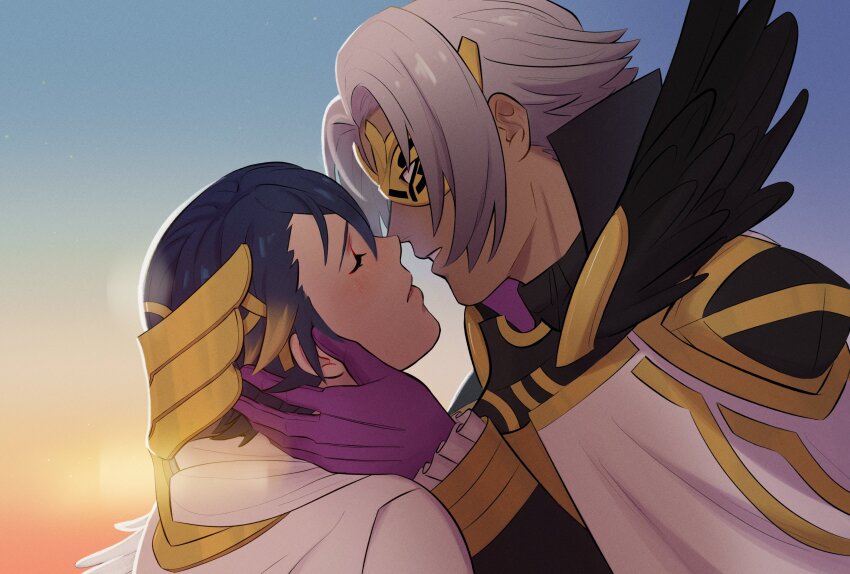 2boys, aestyrn, alfonse_(fire_emblem), black_hair, blonde_hair, blue_eyes, bruno_(fire_emblem), dark-skinned_male, dark_skin, fire_emblem, fire_emblem_heroes, gradient_hair, highres, male_focus, multicolored_hair, multiple_boys, nintendo, yaoi