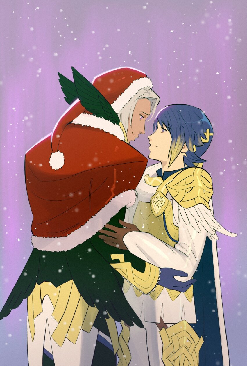 2boys, aestyrn, alfonse_(fire_emblem), black_wings, blonde_hair, blue_eyes, bruno_(fire_emblem), bruno_(winter)_(fire_emblem)