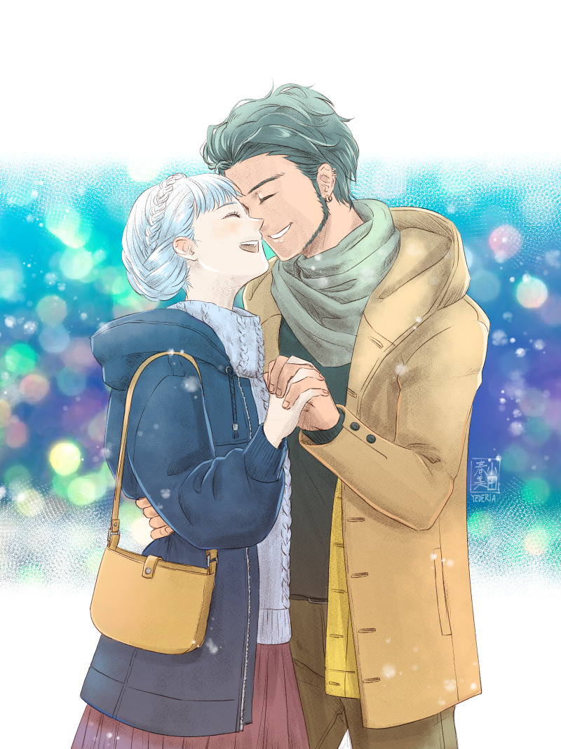 1boy, 1girl, alternate_costume, bag, claude_von_riegan, claude_von_riegan_(timeskip), contemporary, couple