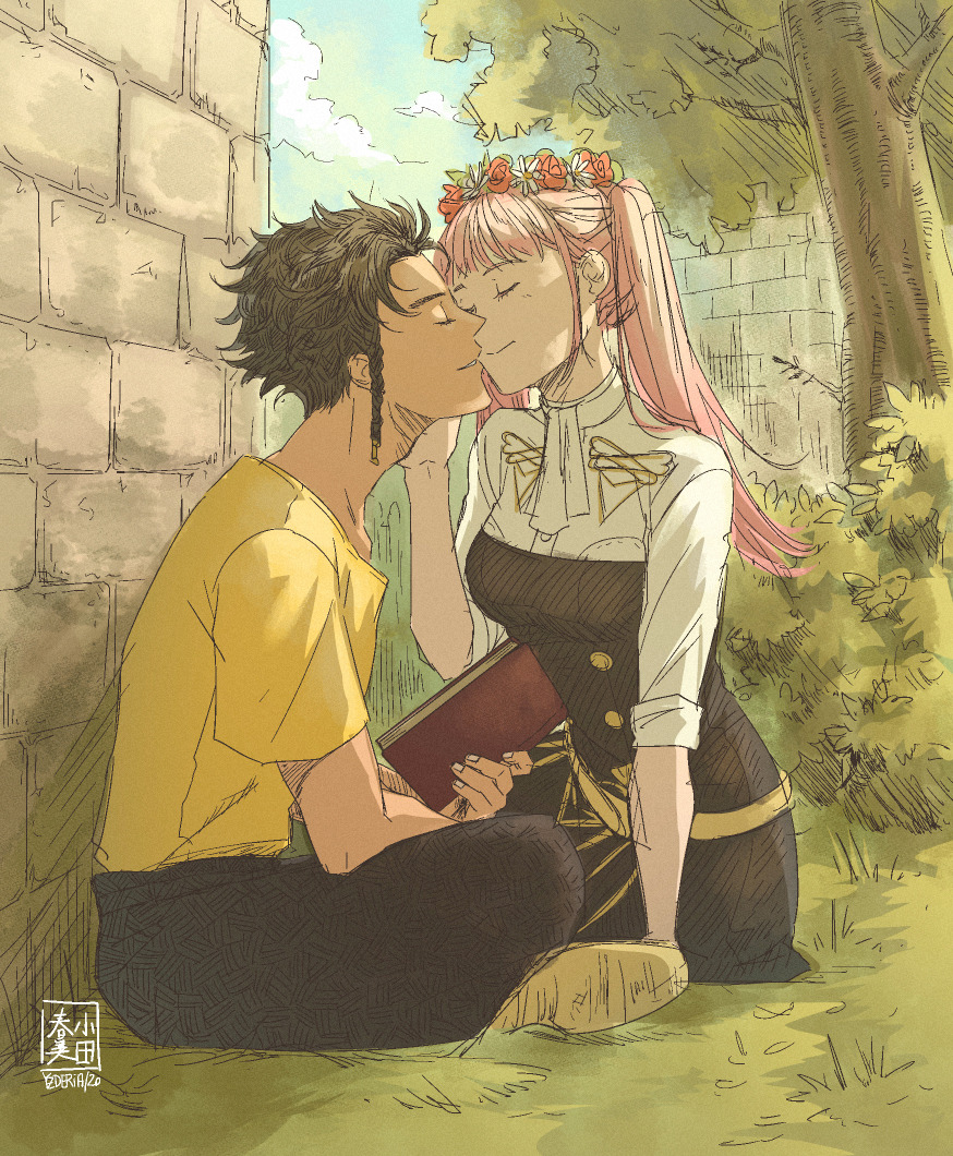 1boy, 1girl, breasts, claude_von_riegan, closed_eyes, couple, facing_another, fire_emblem, fire_emblem:_three_houses, garreg_mach_monastery_uniform, hetero, hilda_valentine_goneril, medium_breasts, nintendo, pink_hair, tree, tsukkimin, twintails