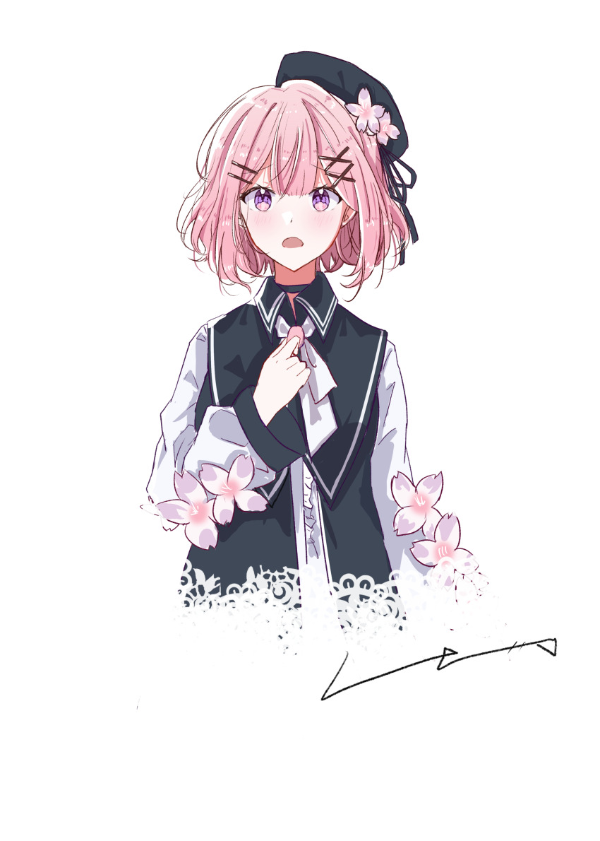 1girl, absurdres, amaori_renako, beret, black_hat, blunt_bangs, cherry_blossoms, chinese_commentary