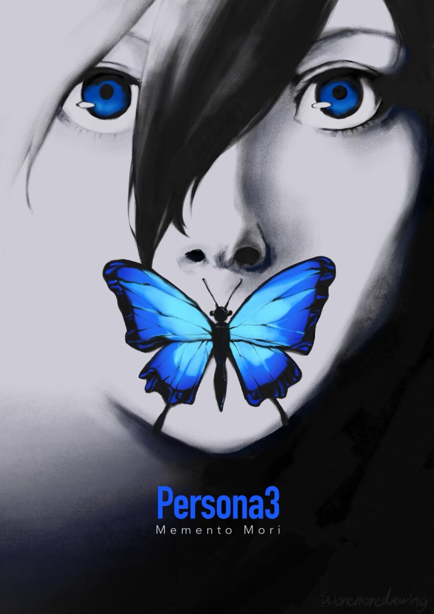 1boy, blue_butterfly, blue_eyes, bug, butterfly, butterfly_on_mouth, covered_mouth, eyelashes