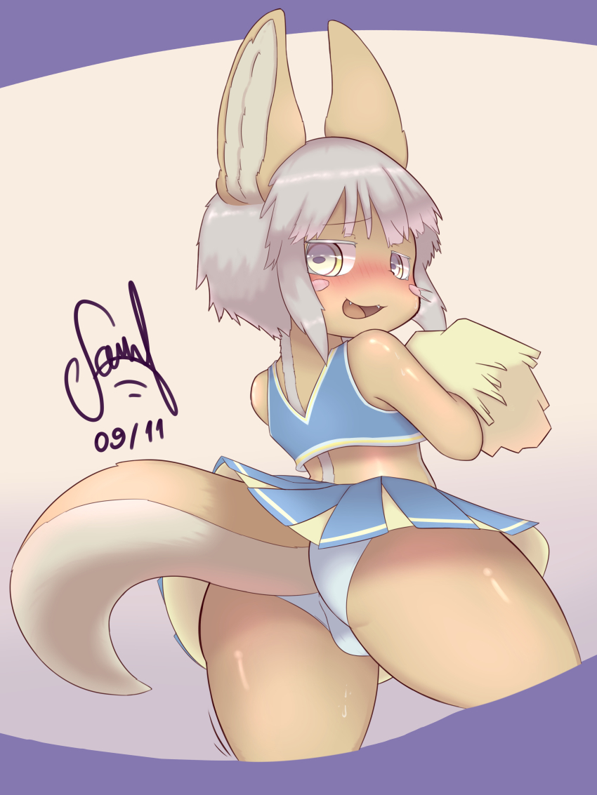 1girl, :3, absurdres, animal_ears, ass, back, blue_shirt, blue_skirt