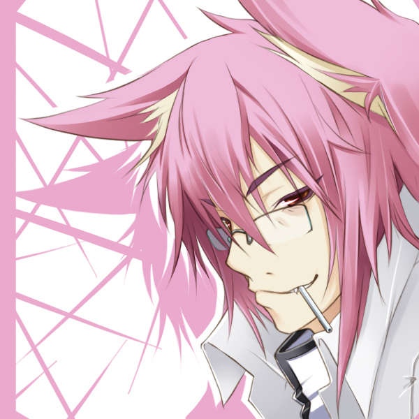 1boy, animal_ears, arc_system_works, blazblue, candy, cat_boy, cat_ears, fang, food, genderswap, genderswap_(ftm), glasses, kokonoe_(blazblue), lollipop, male_focus, md5_mismatch, pink_hair, red_eyes, simple_background, smile, solo, wara@